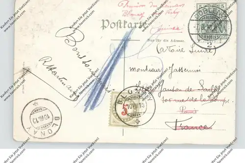 SCHWEIZ - 1910, 5 Rp. Nachgebühr, AK aus Coblenz - Paris - Blonay