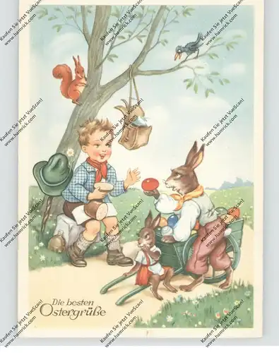 OSTERN - Hasenfamilie und Wanderer, Eichhörnchen, Krähe