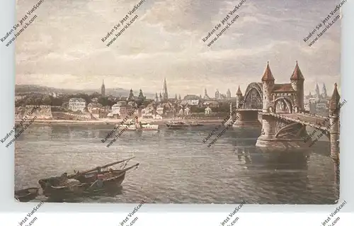 5300 BONN, Blick von Beuel auf Bonn und Rheinbrücke, Künstler-Karte
