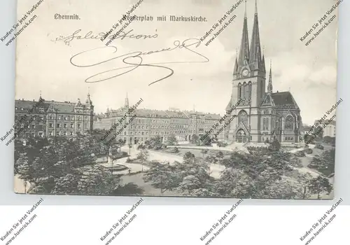 0-9000 CHEMNITZ, Körnerplatz und Markuskirche, 1905, kl. Eckknick
