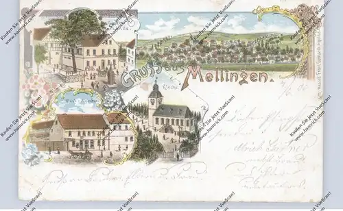 0-5301 MELLINGEN, Lithographie, Gasthof zur Linde, Post-Agentur, Kirche, Gesamtansicht