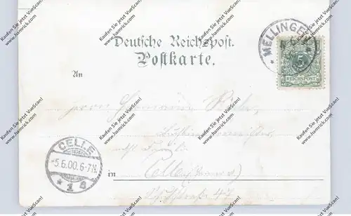 0-5301 MELLINGEN, Lithographie, Gasthof zur Linde, Post-Agentur, Kirche, Gesamtansicht