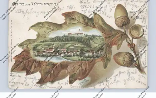 0-6104 WASUNGEN, Präge-Lithographie, Ortsansicht im Eichenblatt