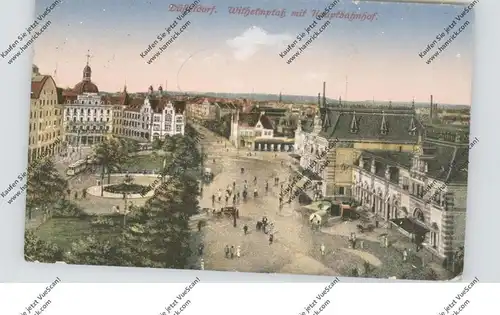 4000 DÜSSELDORF, Wilhelmplatz mit Hauptbahnhof, Strassenbahn, belebte Szene, 1921