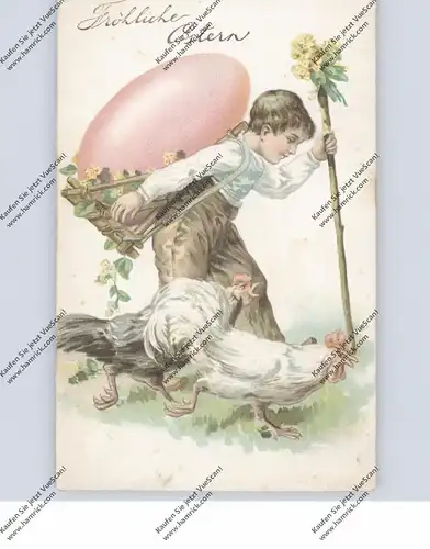 OSTERN - Hahn und Henne, Junger der ein rosa Ei trägt, Präge-Karte