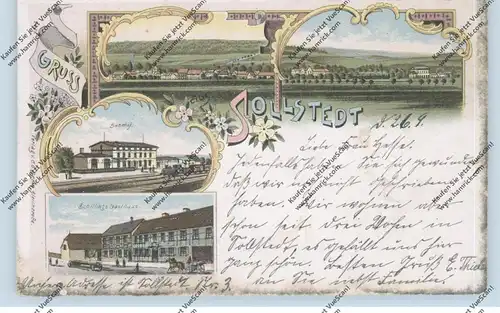 0-5507 SOLLSTEDT, Lithographie, Bahnhof, Schillings Gasthaus, Dorfansicht, kl. Druckstelle