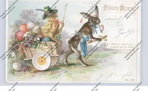 OSTERN - Pfeiferauchender Hase zieht Eierkarren mit Küken-Kutscher, Präge-Karte 1904, leider etwas Tesa-Film