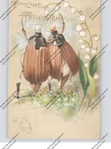 PFINGSTEN - Maikäfer animiert, Maiglöckchen, Präge-Karte, embossed / relief, 1907