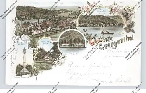 0-5805 GEORGENTHAL, Lithographie 1898, Schützenhof, Rodebachmühle, Candelaber-Denkmal, See, Dorfansicht