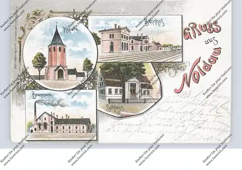 OBER-SCHLESIEN - NOLDAU / DOMASZOWICI (Oppeln), Lithographie, Bahnhof, Brennerei, Kapelle, Schloß, Bahnpost