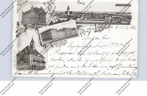 NIEDER-SCHLESIEN - LÜBEN / LUBIN, Lithographie 1898, Dragoner-Kaserne, Posthebäude, Rathaus, Ortsansicht