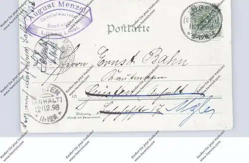 NIEDER-SCHLESIEN - LÜBEN / LUBIN, Lithographie 1898, Dragoner-Kaserne, Posthebäude, Rathaus, Ortsansicht