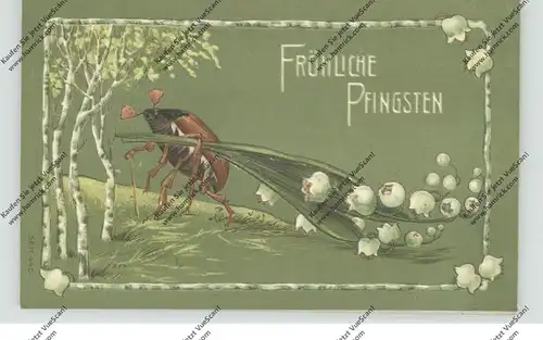 PFINGSTEN - Maikäfer und Maiglöckchen, Präge-Karte 1908