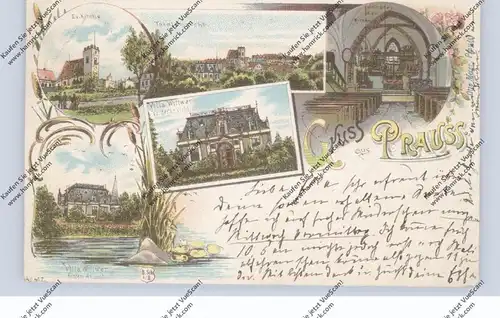 NIEDER-SCHLESIEN - PRAUSS / KOLACZOW (Nimptsch), Lithographie 1899, Villa Wittwer, Kirche, Dorfansicht, Eckknick