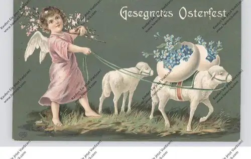 OSTERN - Mädchen mit Engelsflügeln und Osterlämmern, Präge-Karte