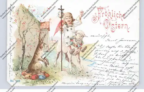 OSTERN - Lithographie,Mädchen mit Engelsflügeln, Osterlamm und Hase, Glimmer, 1901, Eckmangel
