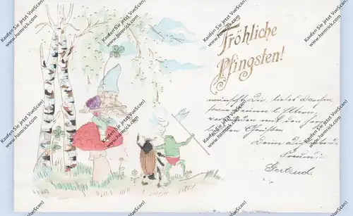 PFINGSTEN - Geigespielender Zwerg auf Pilz, tanzender Frosch und Maikäfer, Präge-Karte