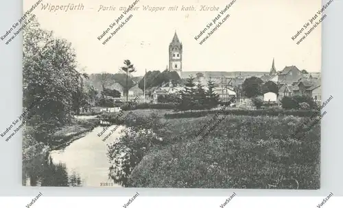 5272 WIPPERFÜRTH, Wupperpartie mit Katholischer Kirche, 1909, Bahnpost Lennep - Marienheide