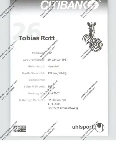 FUSSBALL - MSV DUISBURG - TOBIAS ROTT, Autogramm
