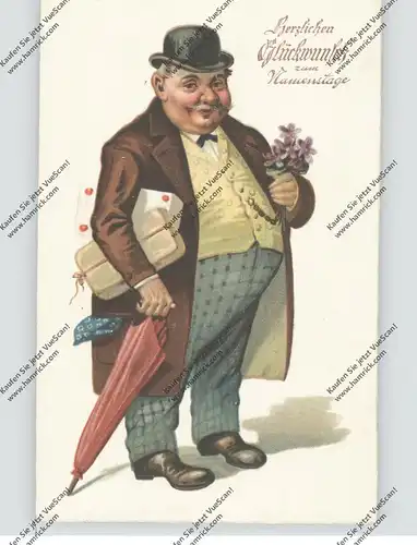 GLÜCKWUNSCH - Namenstag, Gratulant mit Geschenken und Blumen, 1934