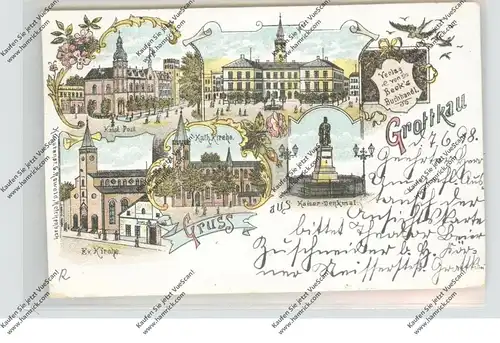 OBER-SCHLESIEN - GROTTKAU / GRODKOW (Oppeln), Lithographie 1898, Kirchen, Post, Marktplatz, Kaiser-Denkmal