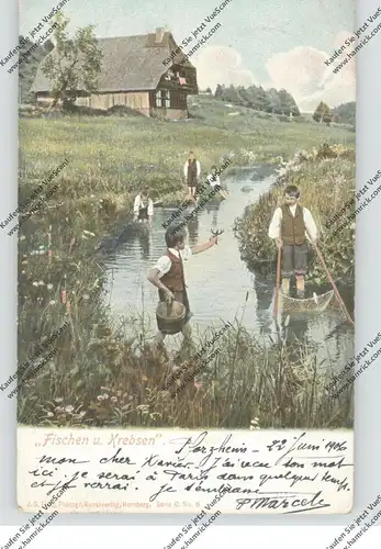 ANGELN / FISCHFANG, "Fischen und Krebsen", 1906, Druckstelle