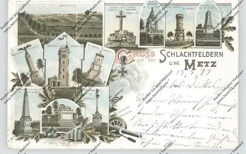 MILITÄR - Schlachtfelder bei Metz, Regiments Denkmäler, Lithographie 1897, deutlicher Knick