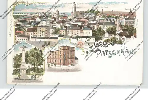 OBER-SCHLESIEN - PATSCHKAU / PACZKOW, (Oppeln), Lithographie, Gesamtansicht, Krigerdenkmal, Postamt, Verlag Tölg