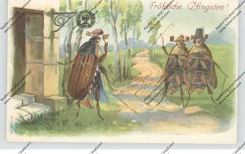PFINGSTEN - Maikäfer beim Spaziergang, Präge-Karte, 1906