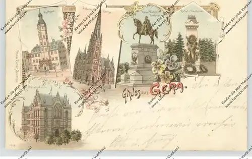 0-6500 GERA, Lithographie, Zabelschule, Rathaus, Johanniskirche, Kaiser-Wilhelm-Denkmal, Zabel-Denkmal