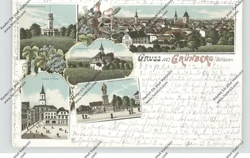 NIEDER-SCHLESIEN - GRÜNBERG / ZIELONA GORA, Lithographie 1899, Kaiser Denkmal, Kirche, Marienkapelle...