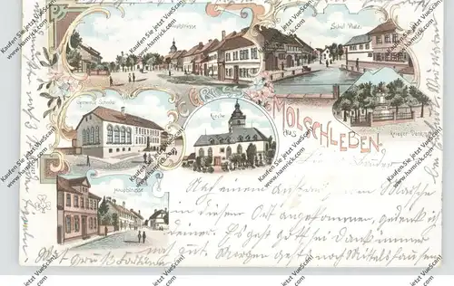 0-5801 MOLSCHLEBEN, Lithographie, Gemeinde-Schenke, Hauptstrasse, Krieger-Denkmal, Kirche, Schul-Platz