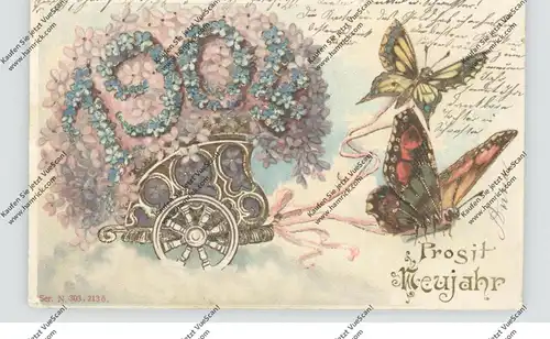 NEUJAHR - JAHRESZAHL 1904, Schmetterlinge ziehen einen Wagen, Präge-Karte