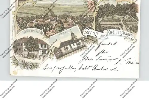 0-5606 NIEDERORSCHEL - RÜDIGERSHAGEN (Eichsfeld), Lithographie, Gasthaus zur Linde, Kirche, Gesamtansicht