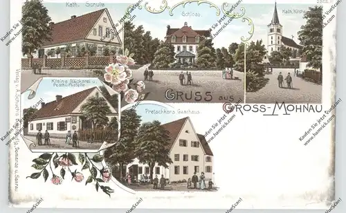 NIEDER-SCHLESIEN - MOHNAU / MANIOW WIELKI, Lithographie, Gasthaus, Bäckerei & Post, Schule, Schloß, Kirche