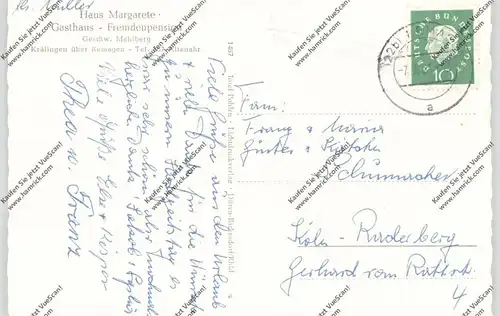 5486 ALTENAHR - BERG - KRÄLINGEN, Gasthaus Haus Margarete, Landpoststempel "Oberkrälingen über Remagen", 1961