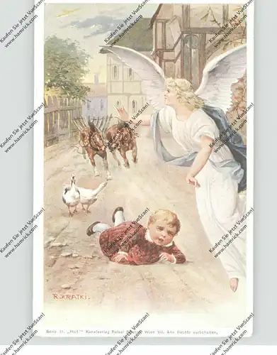 KÜNSTLER - ARTIST - R.Kratki, Schutzengel / Ange gardien / guardian angel / Angelo custode, 1900, kl. Druckstelle