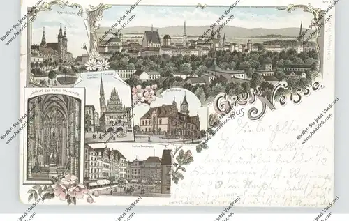 OBER-SCHLESIEN - NEISSE / NYSA, Lithographie 1897, Fisch- und Nachmarkt, Post, Kämmerei, Kirchen..