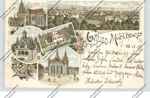 0-5700 MÜHLHAUSEN, Lithographie 1897, Popperode, Ober- und Untermarktkirche, Weisses Haus, Gesamtansicht