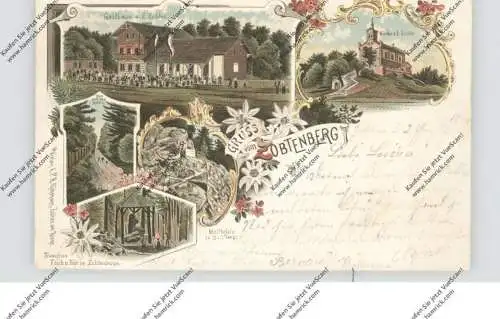 NIEDER - SCHLESIEN - ZOBTEN am Berge / SOBOTKA, Lithographie, Gruß vom Zobtenberg, Gasthaus, Kirche, Moltkefels...