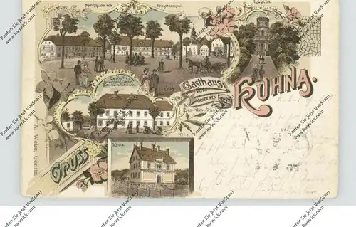 NIEDER-SCHLESIEN - KUHNA / KUNOW (Görlitz), Lithographie, Gasthaus zum Goldenen Löwen, Schule, Marktplatz...