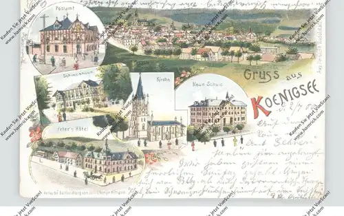 0-6824 KÖNIGSEE, Lithographie, Peter's Hotel, Schützenhaus, Neue Schule, Postamt, Kirche, Gesamtansicht
