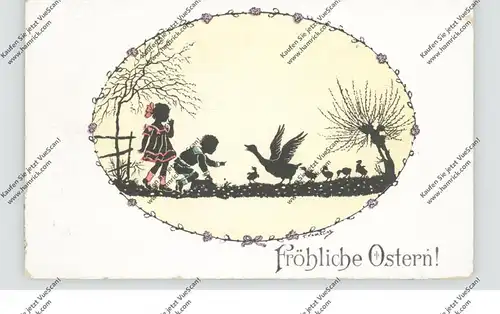 OSTERN - 2 Kinder mit Gänsen, Schattenbild, Künstler-Karte Kaskeline 1927