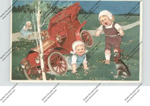 KINDER - Kinder, Hund (Dackel ?) und Automobil, 1918, Präge-Karte, embossed, relief