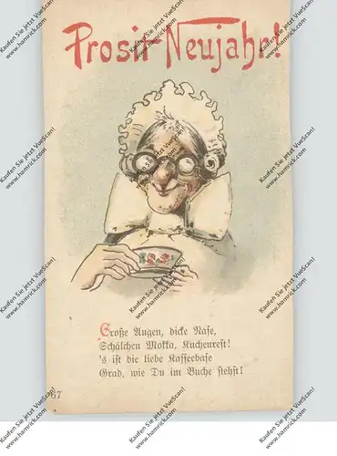 Neujahr - Humor, alte Frau mit Kaffeetasse