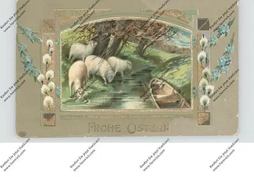 OSTERN - Schafe am Bach, Goldprägekarte, 1909
