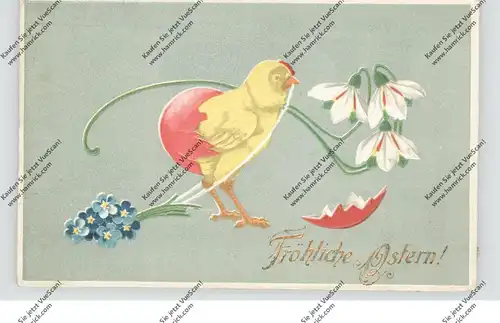 OSTERN - Fröhliche Ostern, Küken mit Blumen, Präge-Karte, embossed, relief, 1909