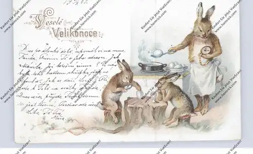 OSTERN - Hasen beim Eierkochen, Lithographie