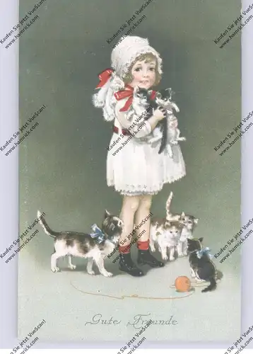 KINDER - Künstler-Karte, Mädchen mit Katzen / Cats / Chats, "Gute Freunde"