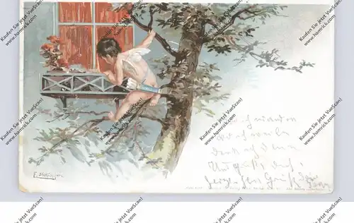 KINDER - AMOR vor dem Fenster, Künstler-Karte F.Böcken jun., 1900